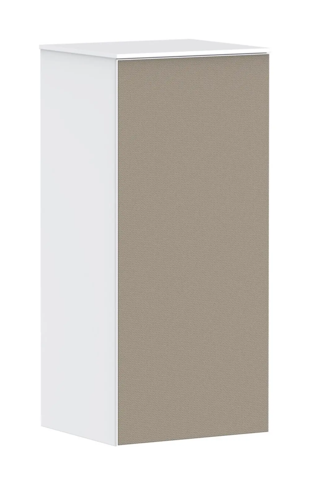 Weißer Schrank mit einer grauen Tür, die ein perforiertes Muster aufweist. Der Schrank hat eine rechteckige Form und ist ohne sichtbare Griffe gestaltet. Hansgrohe ist die Marke.